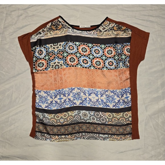 Zara Accessories - Zara‎ W/B Collection Womens Small Scarf Print Silky Feel Shirt Cap Sleeve Rust